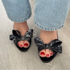 Paris Hilton Lace Bow Peep Toe Heels 4.5” Stiletto Black Lace Pumps Y2K Glam